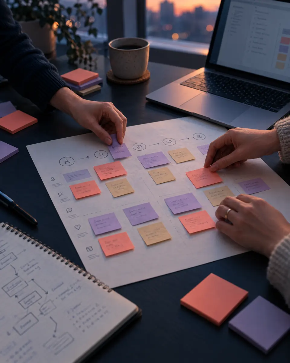 Two people arranging coral, lavender and sand sticky notes into a user journey map on a desk
