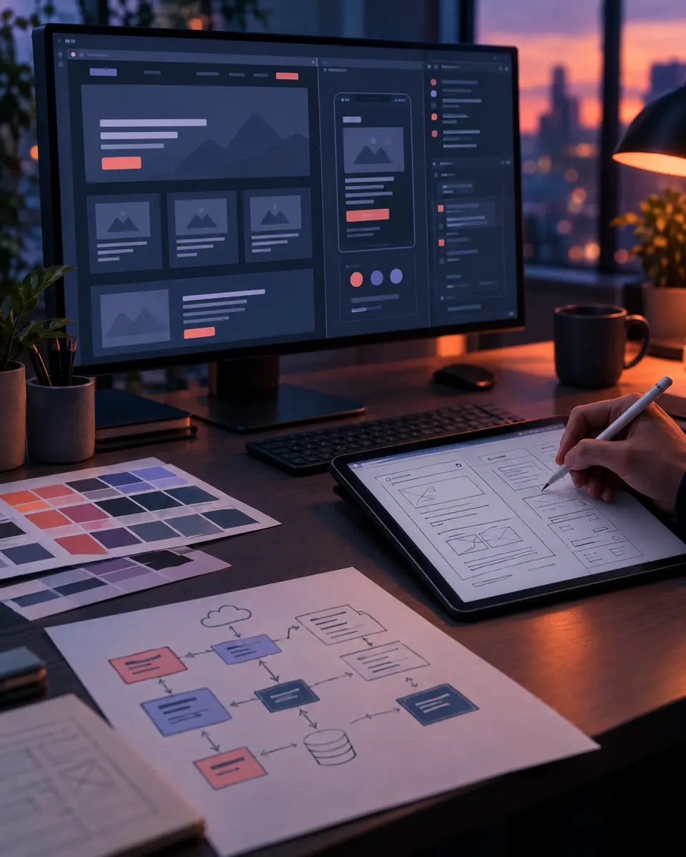 A monitor showing website wireframes, a hand sketching a layout on a tablet, and a system architecture diagram on paper