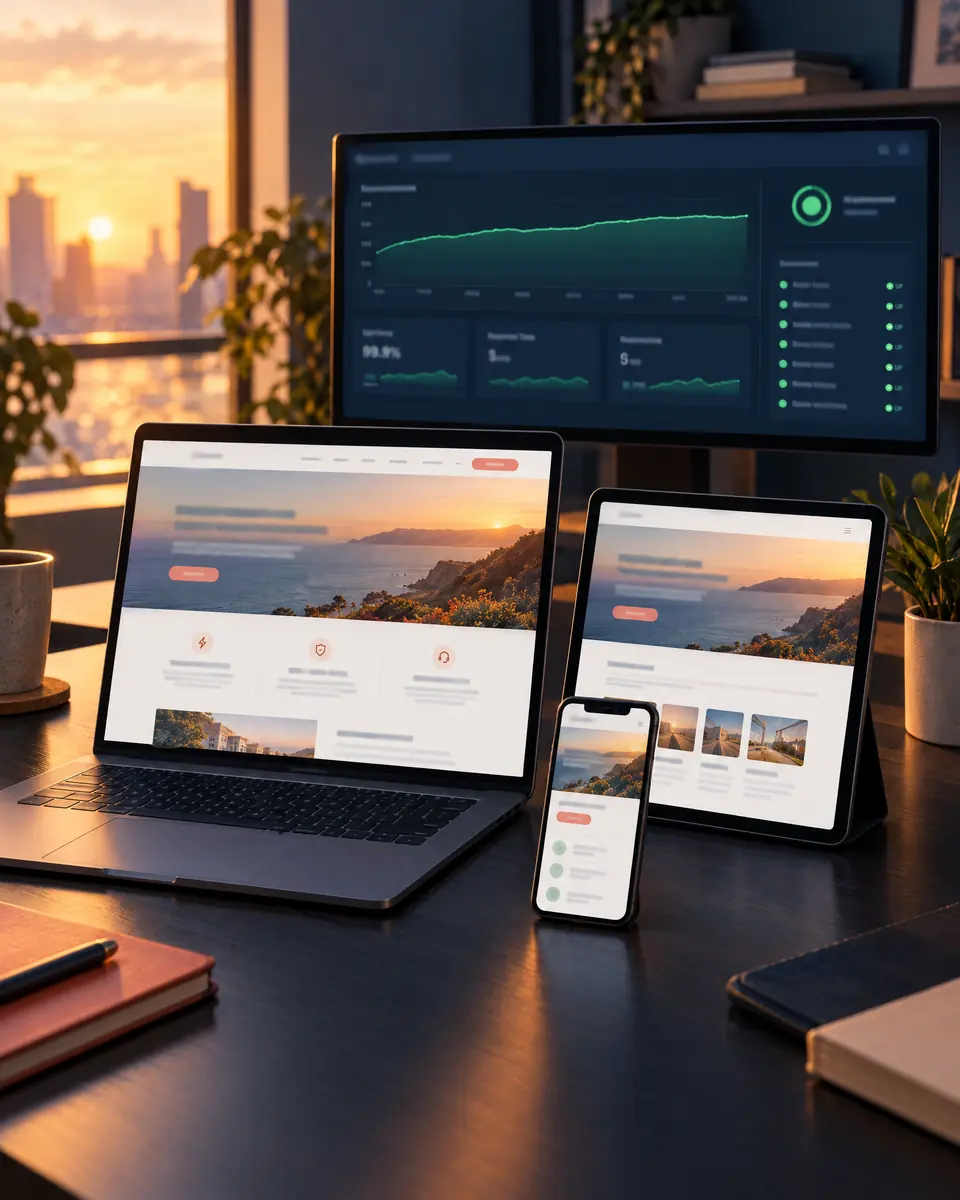 A finished website shown on a laptop, a tablet and a phone, with a monitoring dashboard on the screen behind